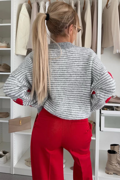 Gray Striped Red Heart Knit Sweater
