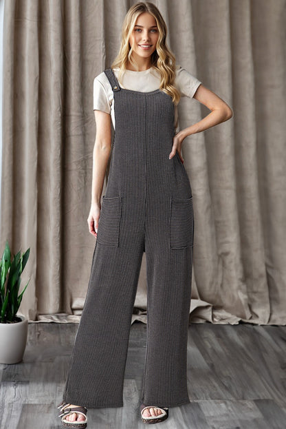Carbon Gray Ribbed Knit Wide Leg Overalls