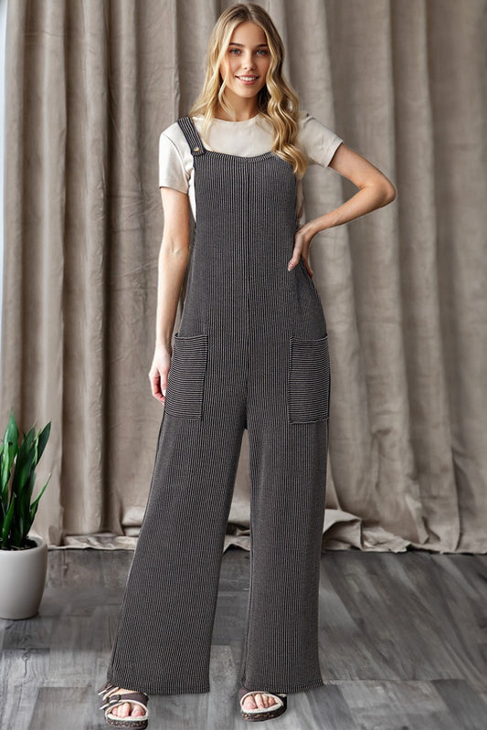 Carbon Gray Ribbed Knit Wide Leg Overalls