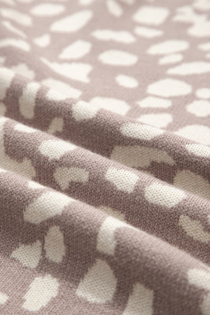 Gray Leopard Ribbed Trim Drop Shoulder Sweater