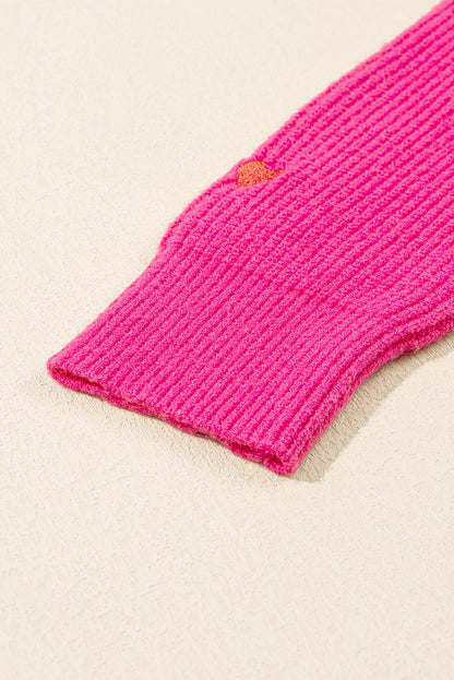 Rose Red Ribbed Knit Heart Pattern Sweater