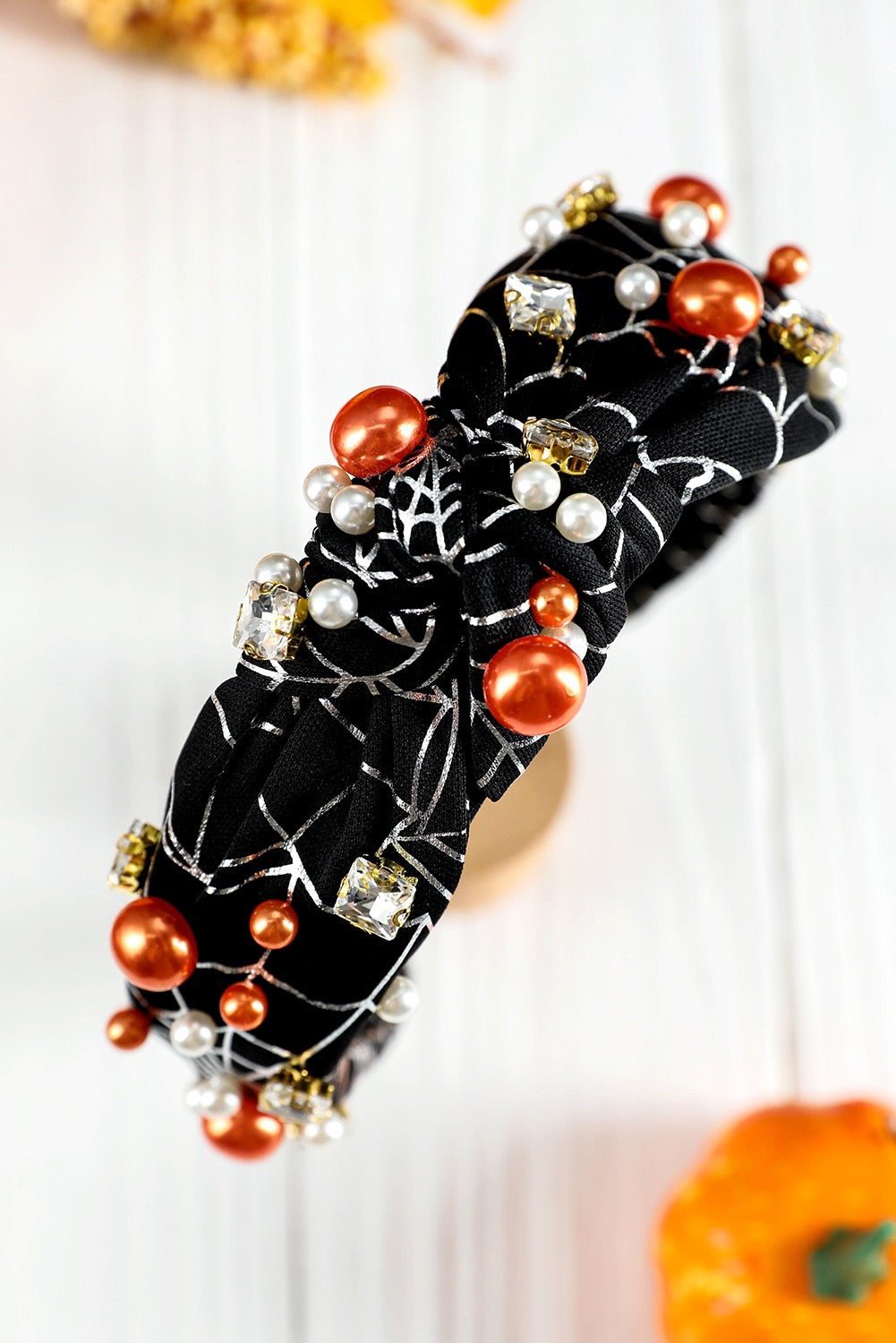 Black Pearl Rhinestone Knotted Spiderweb headband