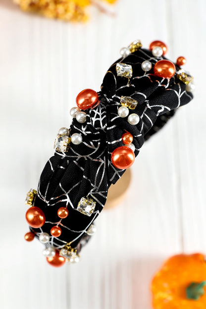 Black Pearl Rhinestone Knotted Spiderweb headband