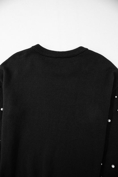 Black Pearled Drop Shoulder Round Neck Sweater