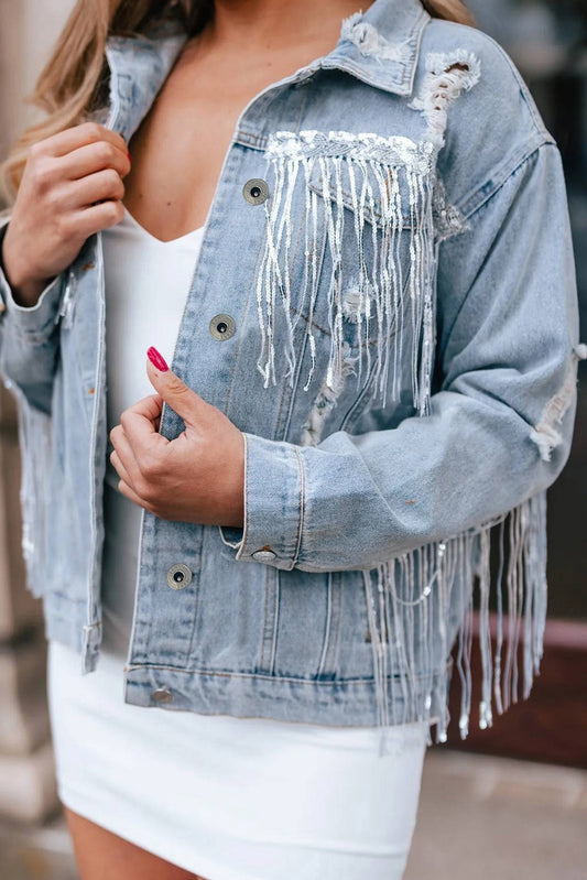 Sky Blue Sequin Embellished Denim Jacket