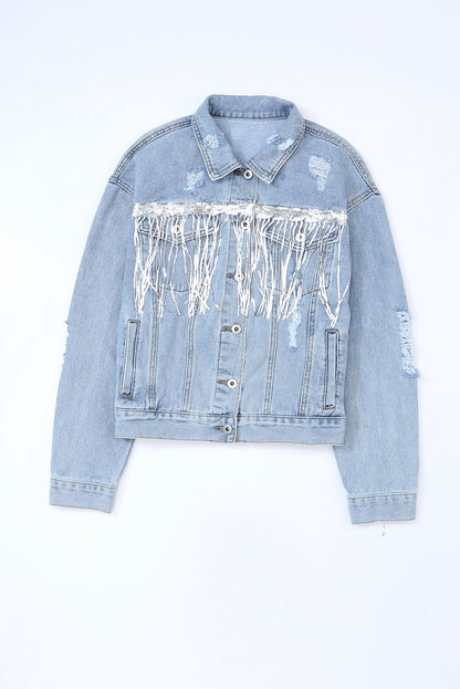 Sky Blue Sequin Embellished Denim Jacket
