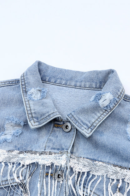 Sky Blue Sequin Embellished Denim Jacket
