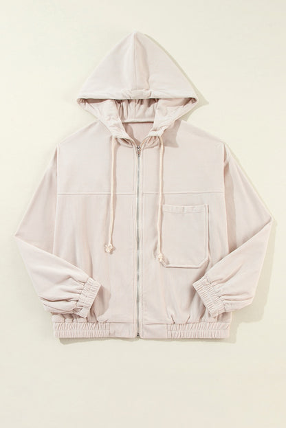 Corduroy Drawstring Hooded Zip Up Jacket
