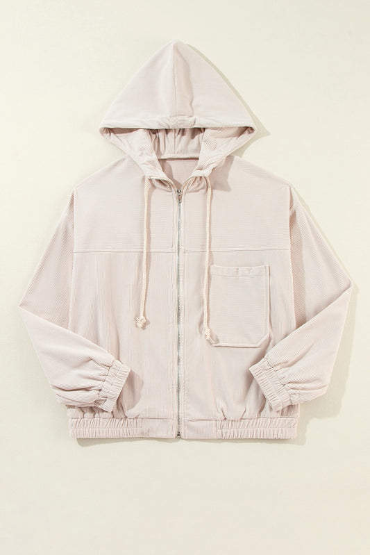 Corduroy Drawstring Hooded Zip Up Jacket