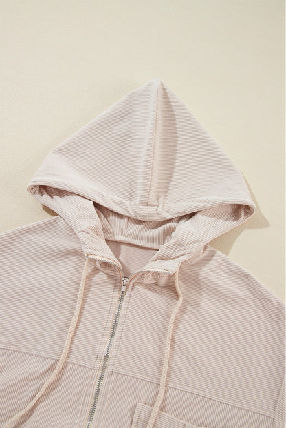 Corduroy Drawstring Hooded Zip Up Jacket