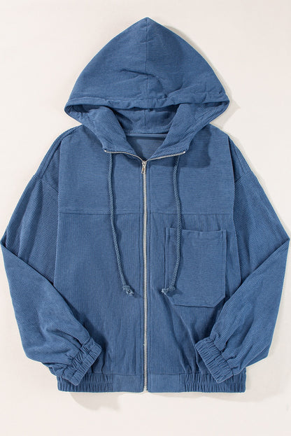 Corduroy Drawstring Hooded Zip Up Jacket