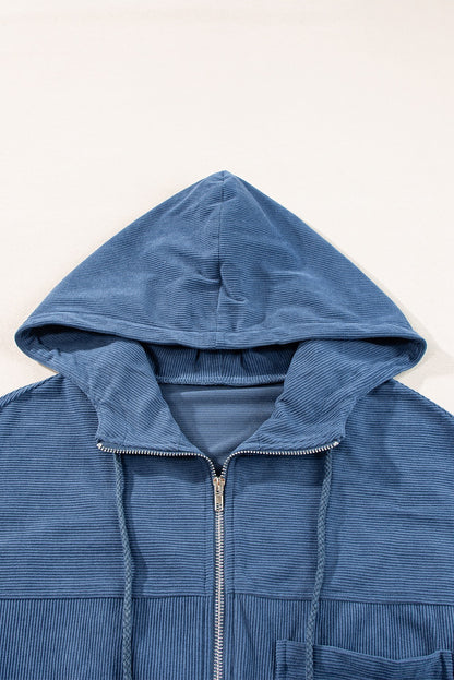 Corduroy Drawstring Hooded Zip Up Jacket
