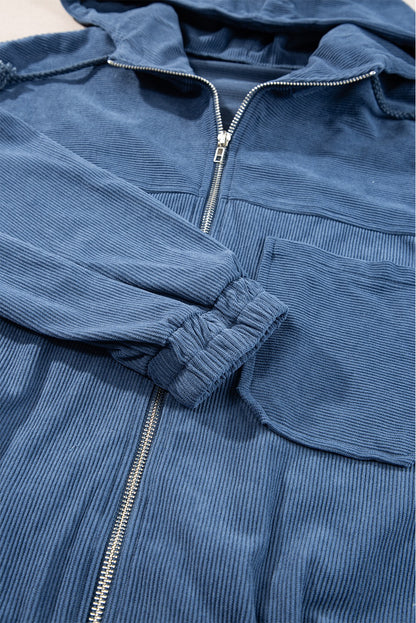 Corduroy Drawstring Hooded Zip Up Jacket