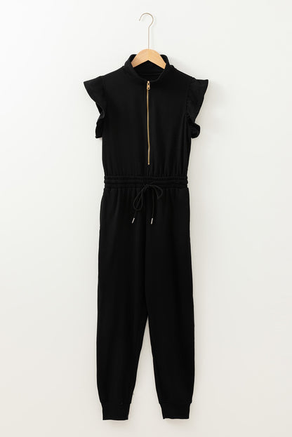 Black Zipper Flutter Sleeve Jumpsuit