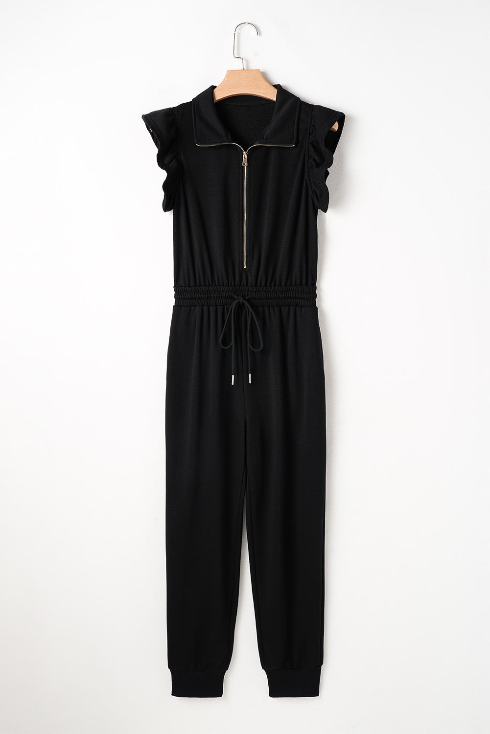 Black Zipper Flutter Sleeve Jumpsuit