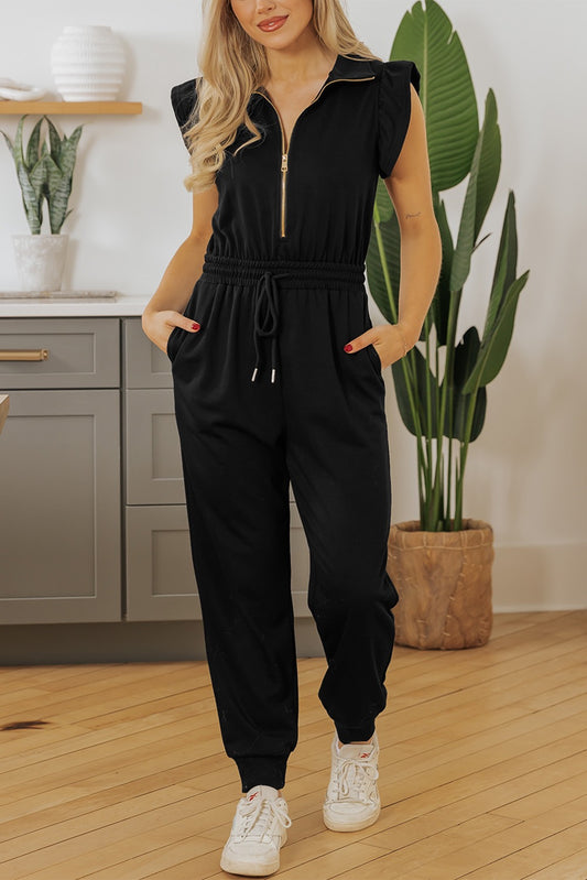 Black Zipper Flutter Sleeve Jumpsuit