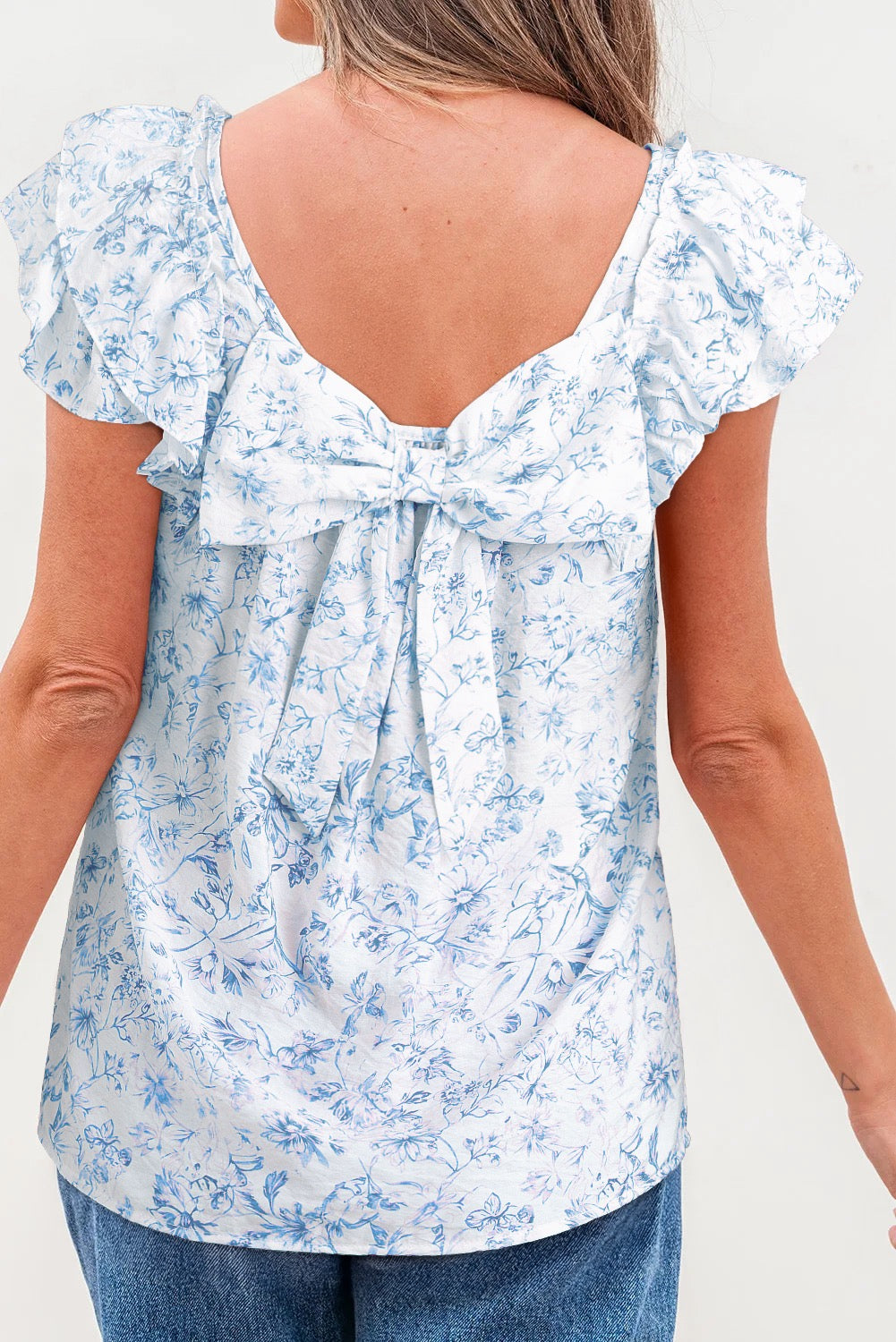 Sky Blue Floral Ruffled Sleeve Square Neck Blouse