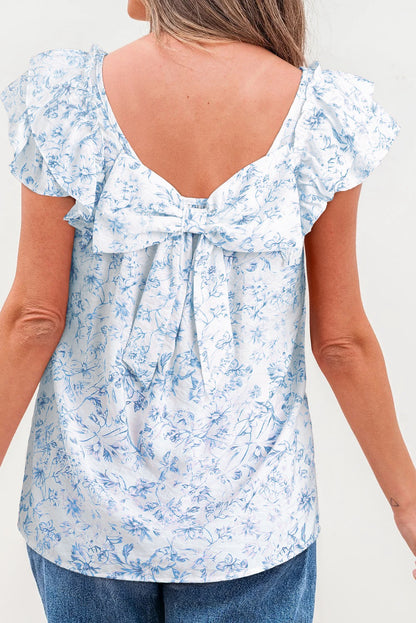 Sky Blue Floral Ruffled Sleeve Square Neck Blouse