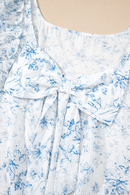 Sky Blue Floral Ruffled Sleeve Square Neck Blouse