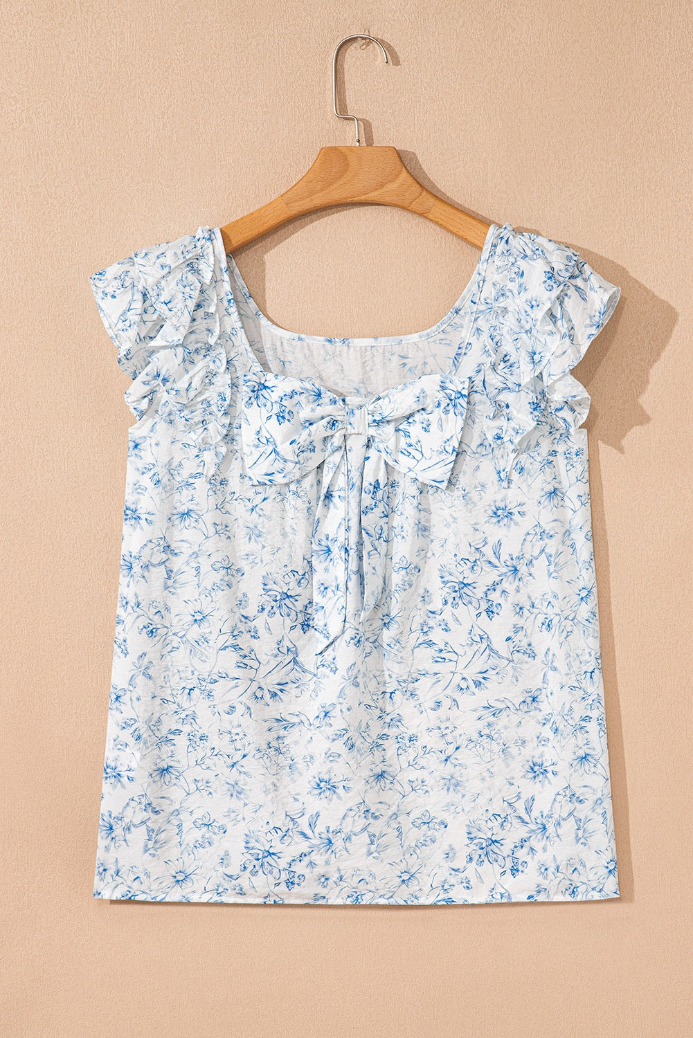 Sky Blue Floral Ruffled Sleeve Square Neck Blouse