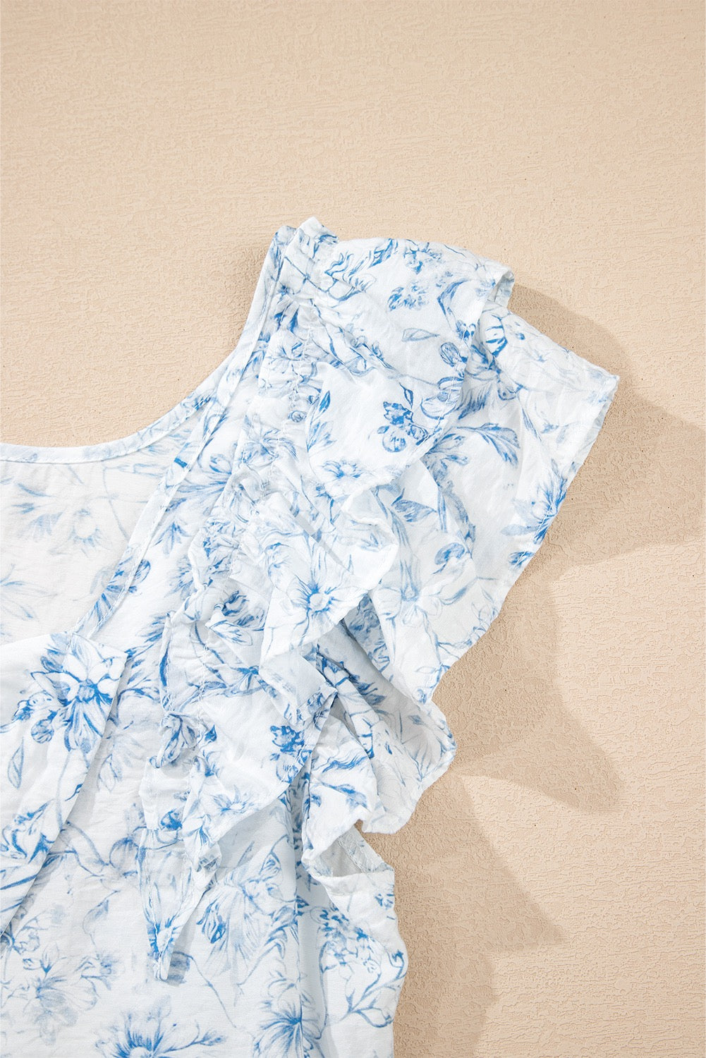 Sky Blue Floral Ruffled Sleeve Square Neck Blouse