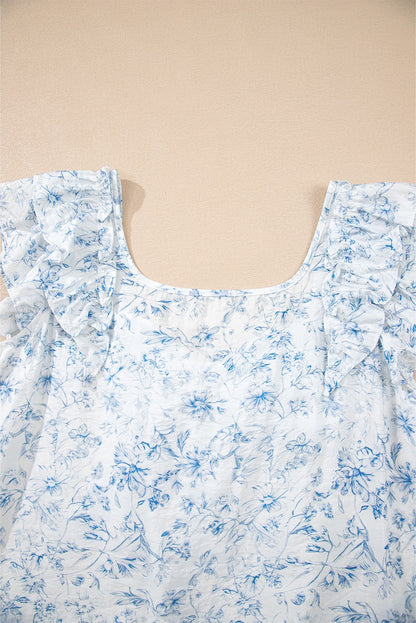 Sky Blue Floral Ruffled Sleeve Square Neck Blouse