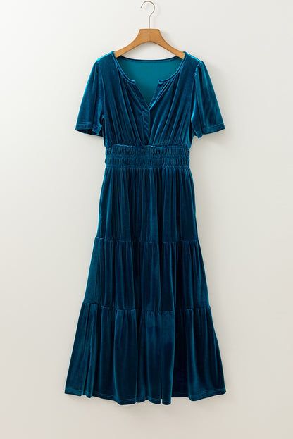 Prussian Blue Velvet Short Sleeve Tiered Maxi Dress