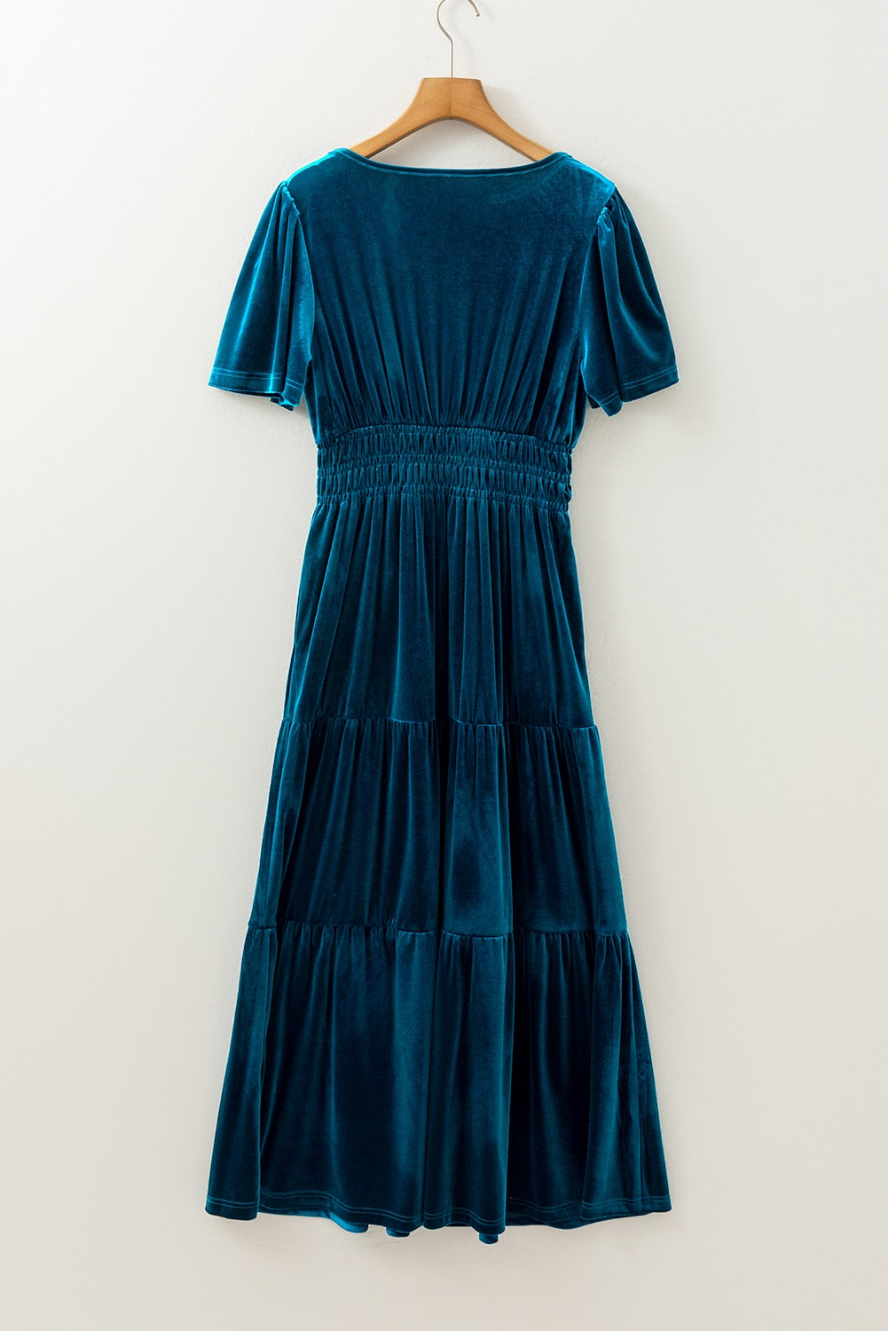 Prussian Blue Velvet Short Sleeve Tiered Maxi Dress