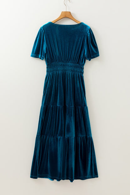 Prussian Blue Velvet Short Sleeve Tiered Maxi Dress