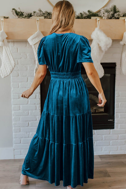 Prussian Blue Velvet Short Sleeve Tiered Maxi Dress