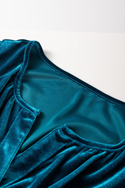 Prussian Blue Velvet Short Sleeve Tiered Maxi Dress