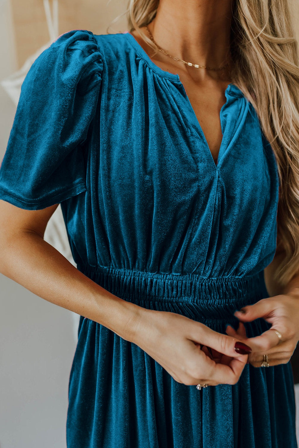 Prussian Blue Velvet Short Sleeve Tiered Maxi Dress