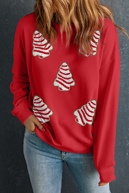 Red Christmas Tree Patched Drop Shoulder Sweatshirt