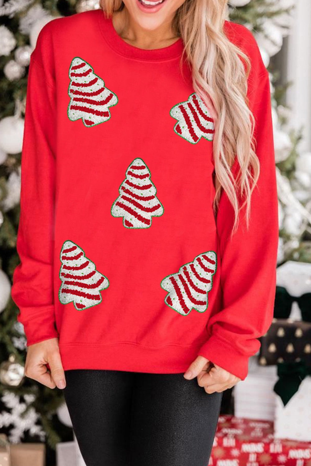 Red Christmas Tree Patched Drop Shoulder Sweatshirt