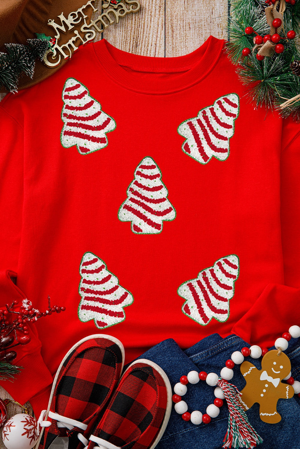 Red Christmas Tree Patched Drop Shoulder Sweatshirt