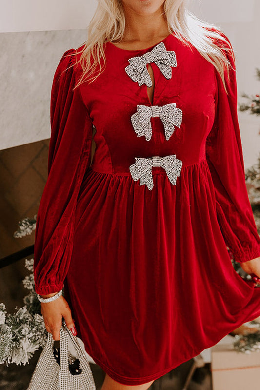 Red Bowknot High Waist Velvet Mini Dress