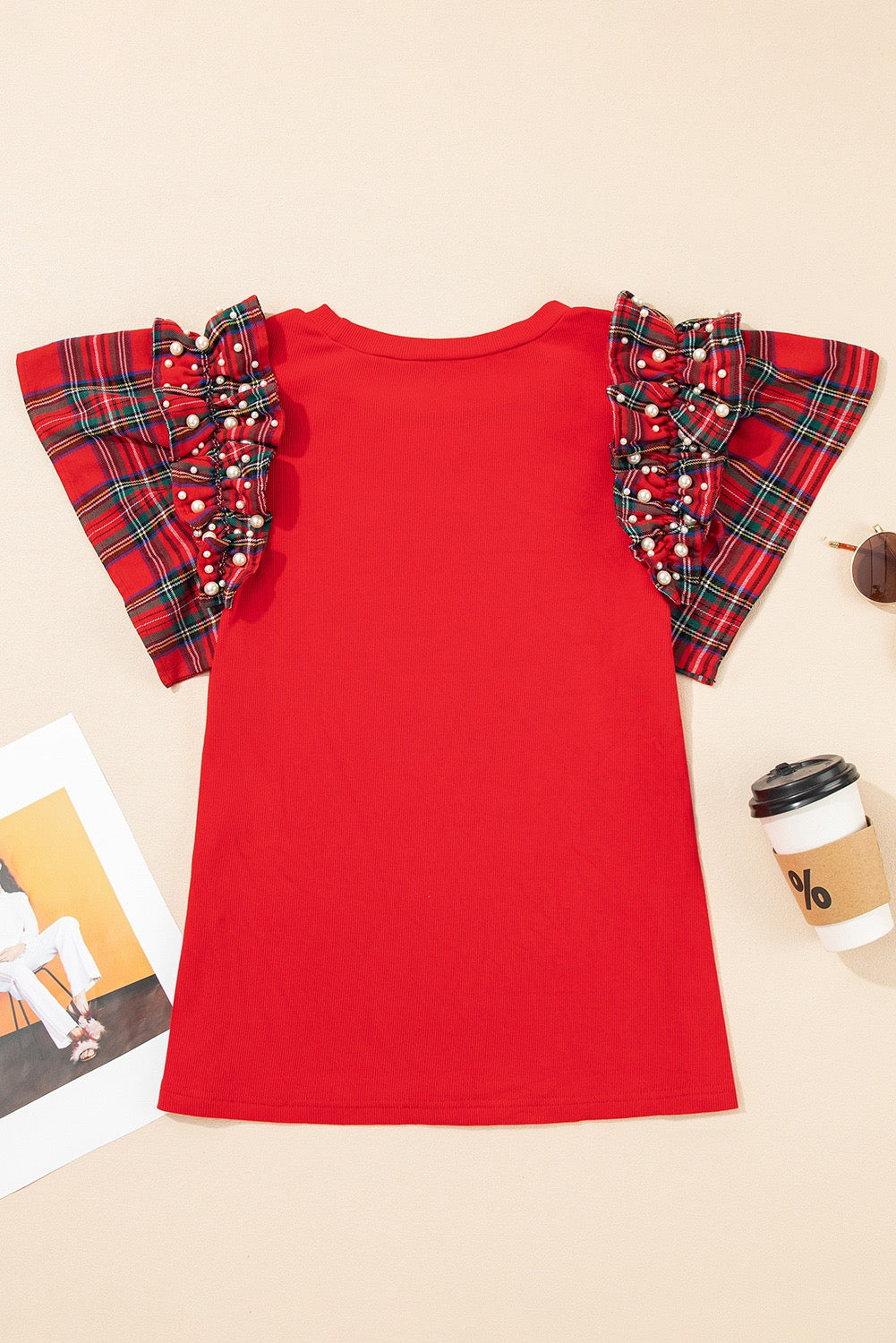Red Plaid Pearl Ruffle Short Sleeve Tshirt