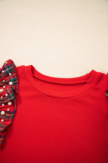 Red Plaid Pearl Ruffle Short Sleeve Tshirt