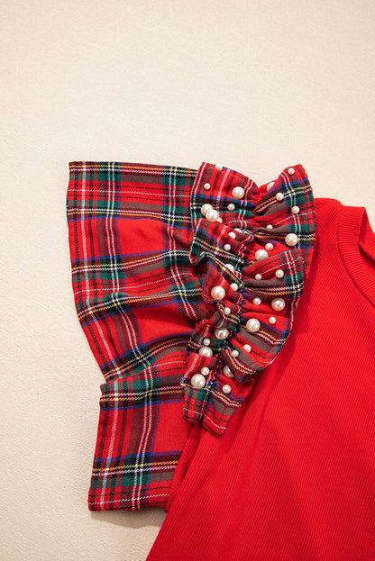Red Plaid Pearl Ruffle Short Sleeve Tshirt