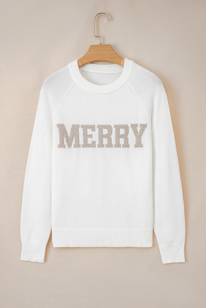 White MERRY Letter Raglan Sleeve Sweater
