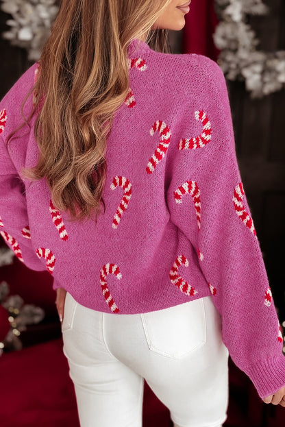 Pink Candy Cane Holiday Drop Shoulder Sweater