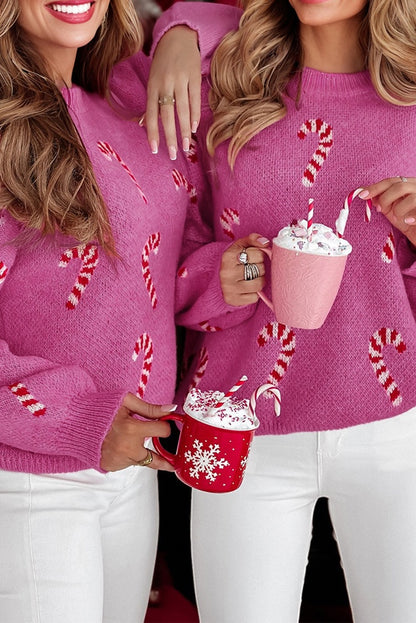 Pink Candy Cane Holiday Drop Shoulder Sweater