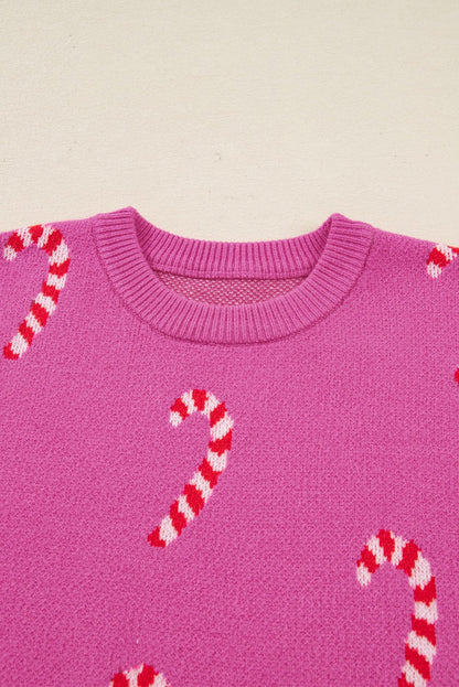 Pink Candy Cane Holiday Drop Shoulder Sweater