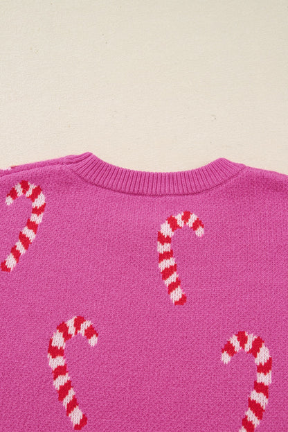 Pink Candy Cane Holiday Drop Shoulder Sweater