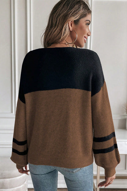 Dark Brown Color Block Striped Sleeve Sweater