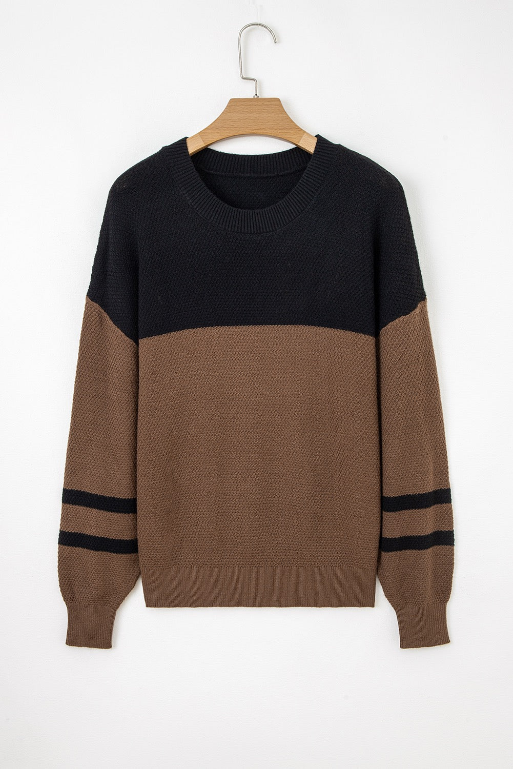 Dark Brown Color Block Striped Sleeve Sweater
