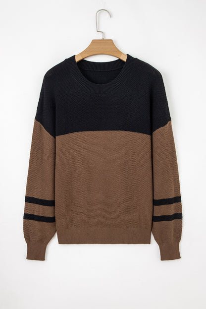 Dark Brown Color Block Striped Sleeve Sweater