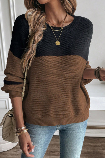 Dark Brown Color Block Striped Sleeve Sweater