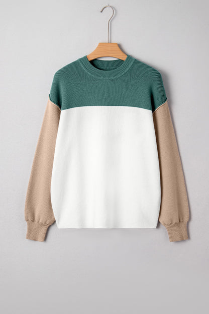 Green Color Block Ribbed Baggy Sweater