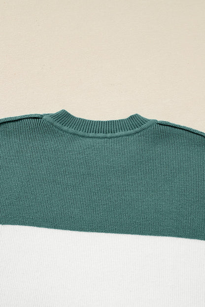 Green Color Block Ribbed Baggy Sweater